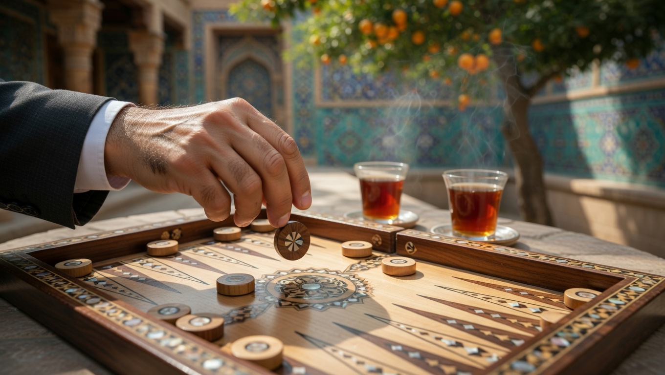 Takhteh Nard (Persian backgammon) board with two glasses of black tea in a Persian garden