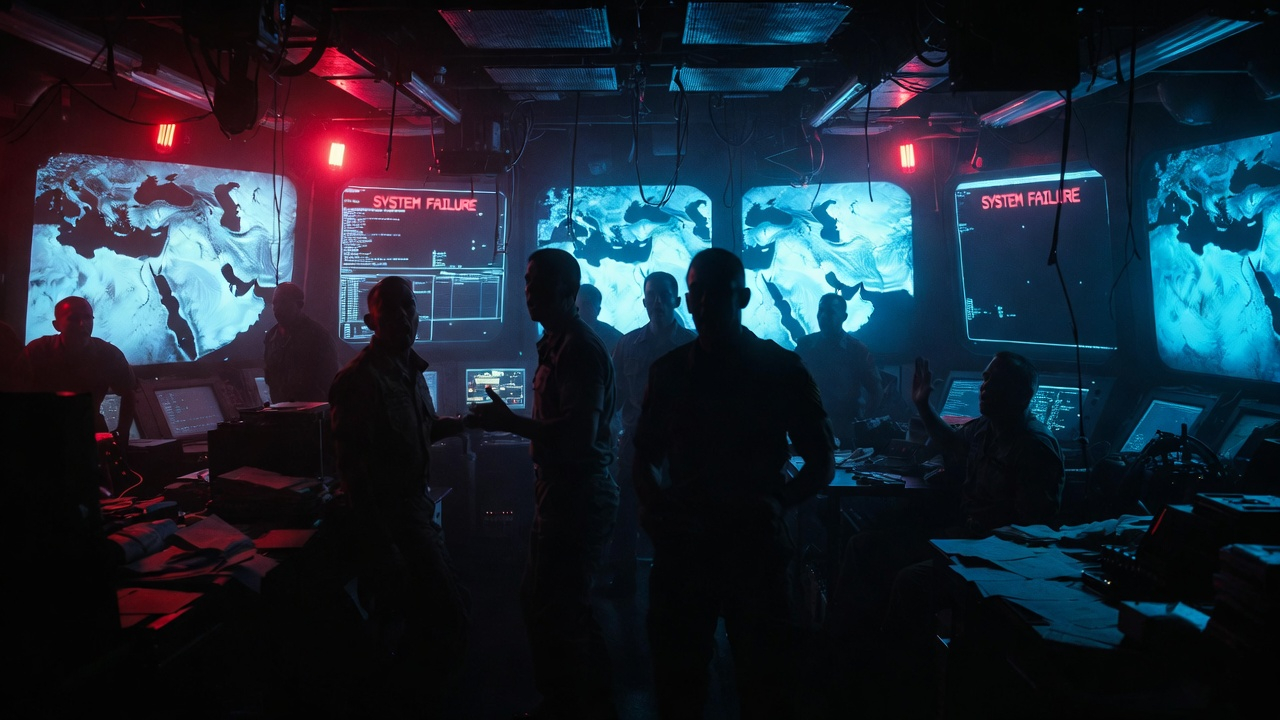 US Navy command center in Bahrain with black screens and red emergency lights