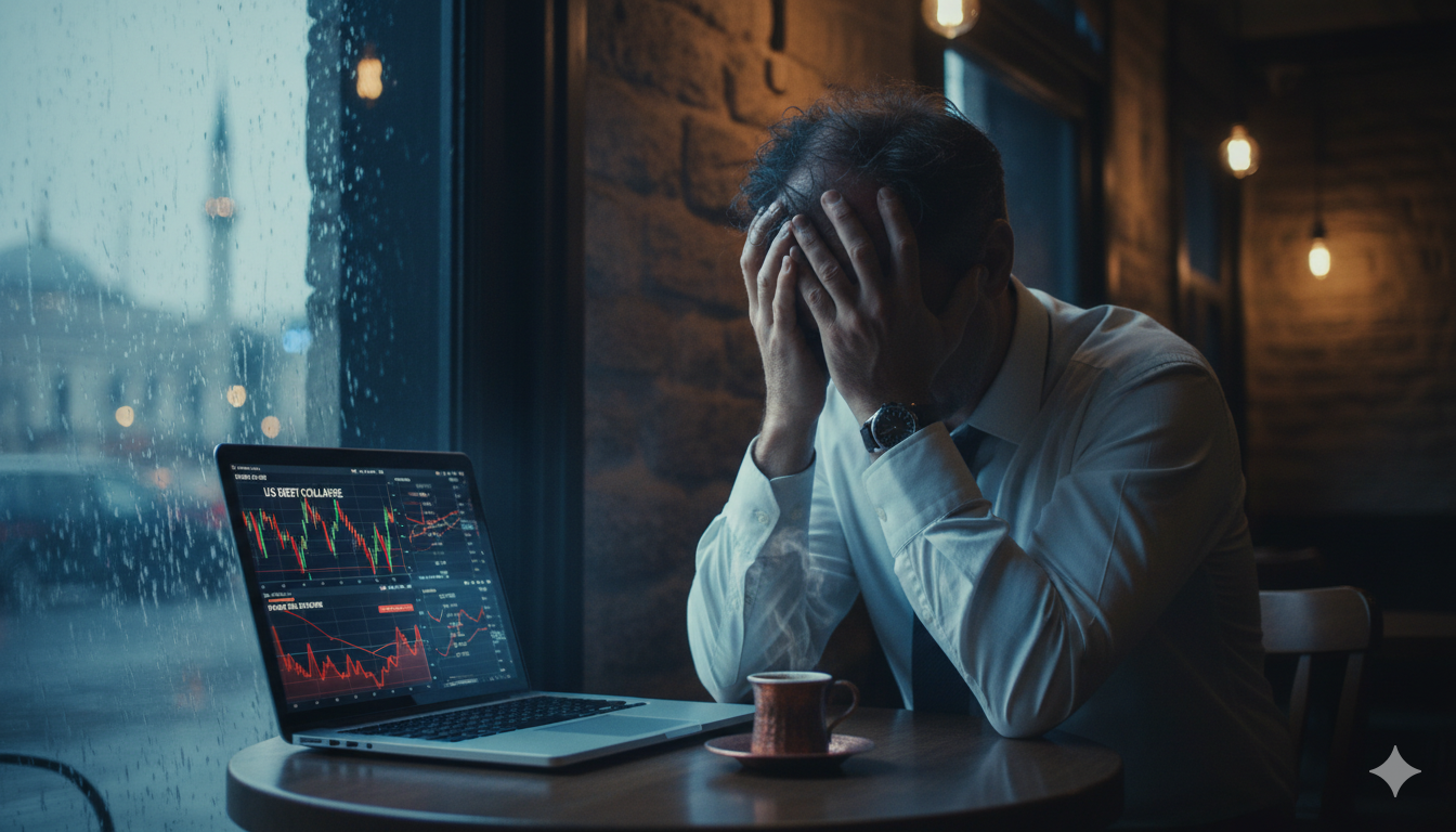 Fund manager in Istanbul with red bond screens and alarmed expression