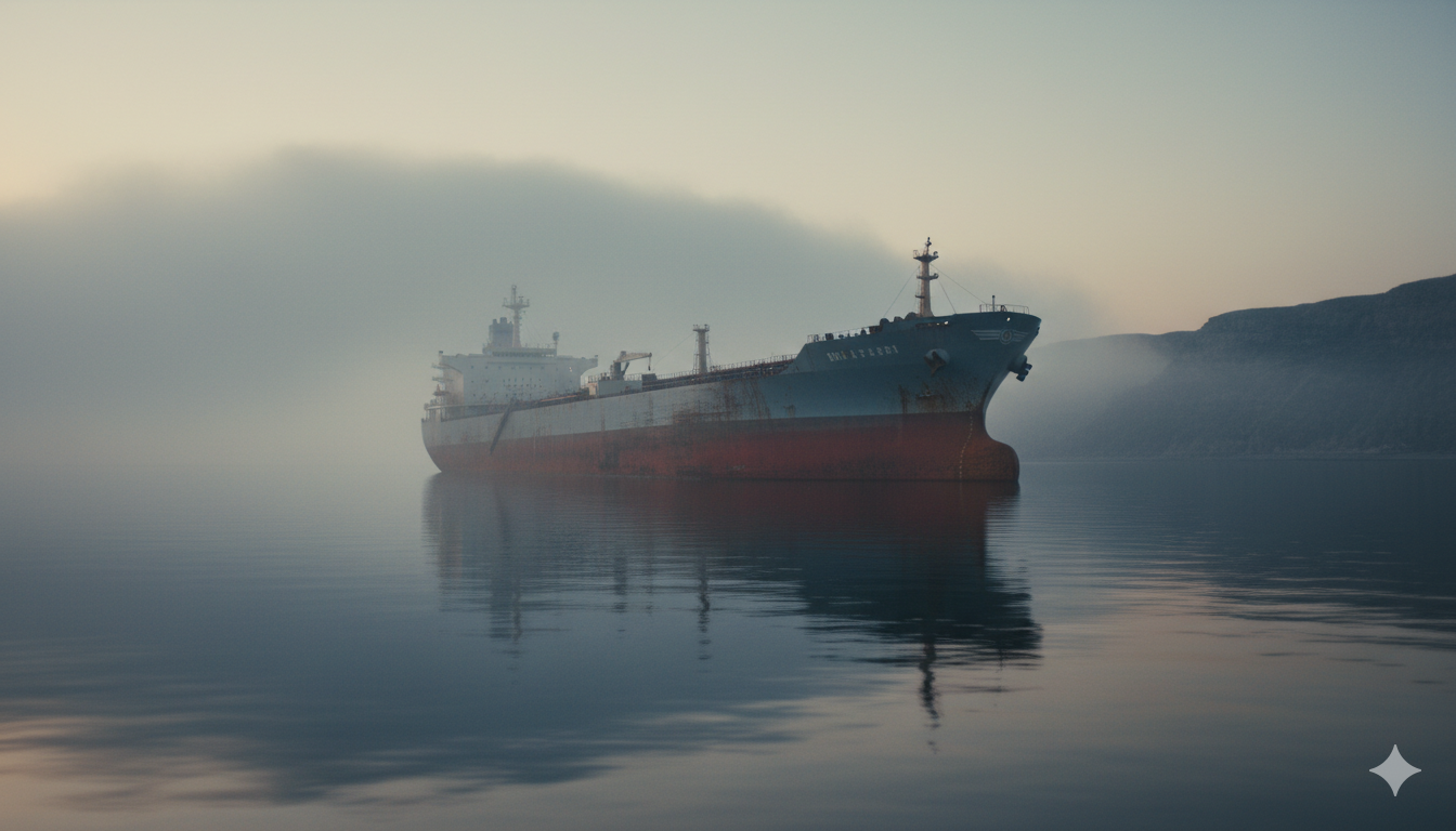 Supertanker paralyzed off the Strait of Hormuz at sunset