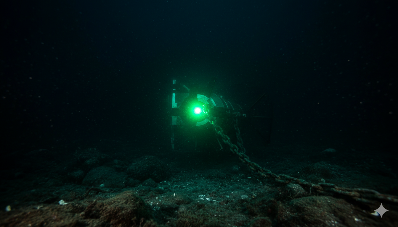 Smart sea mine anchored in green Gulf waters at 30m depth