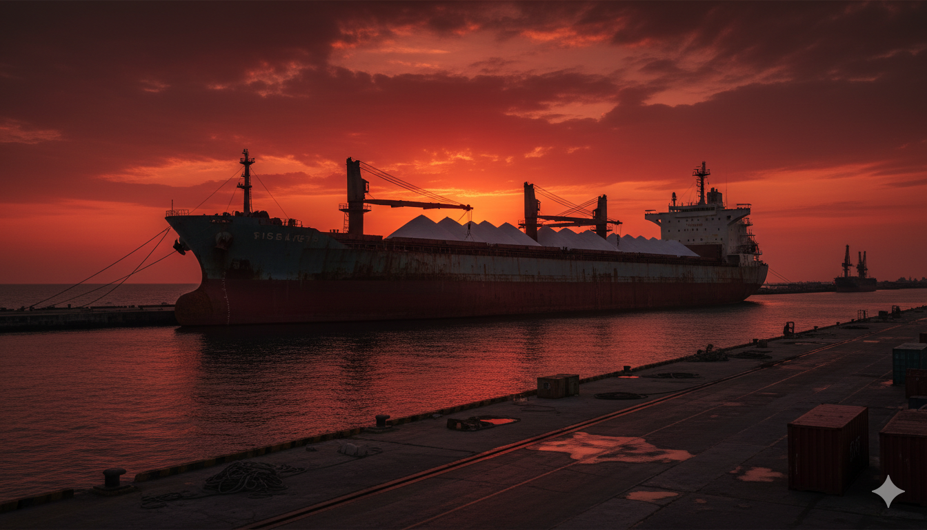 Fertilizer cargo ship motionless in the Strait of Hormuz at dusk with orange-red sky