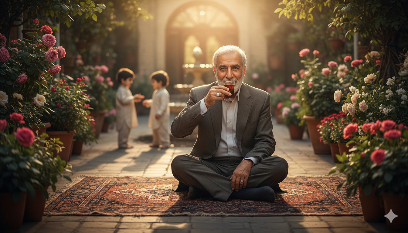 White-haired Iranian elder drinking tea in crystal glass in Tehran garden with orange blossom trees