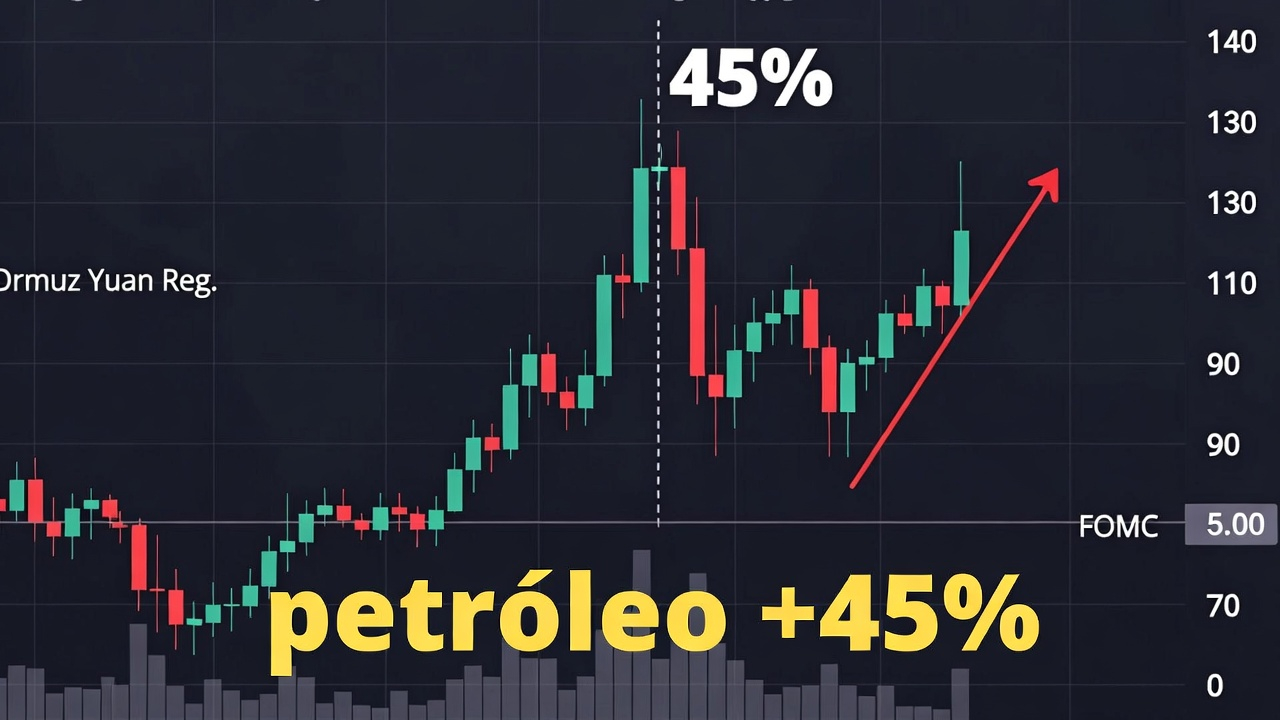 WTI crude candlestick chart with 45% rise and labels Ormuz Yuan Reg. and FOMC
