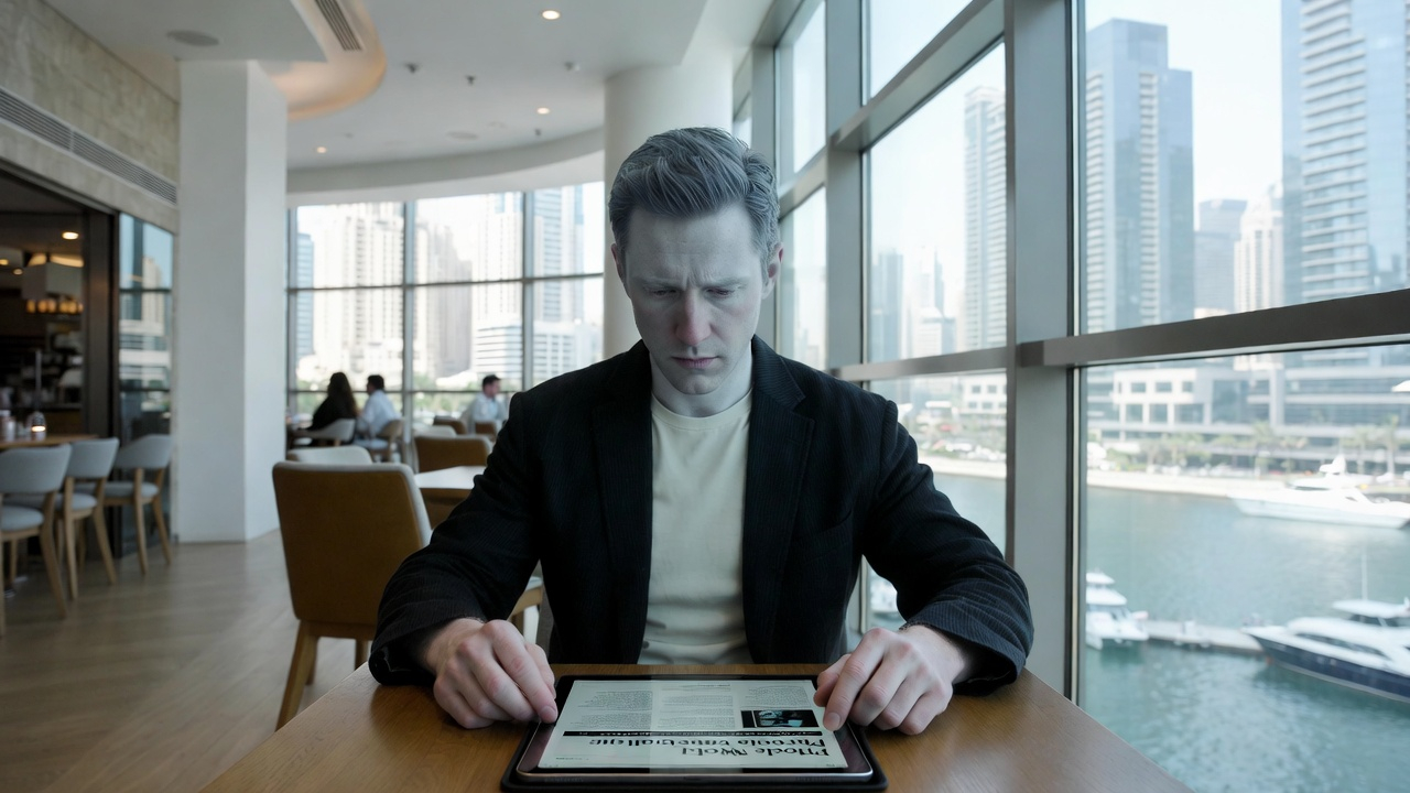 Fund manager James sitting at modern Dubai Marina cafe, pale face, iPad with Phenomenal World article, untouched coffee