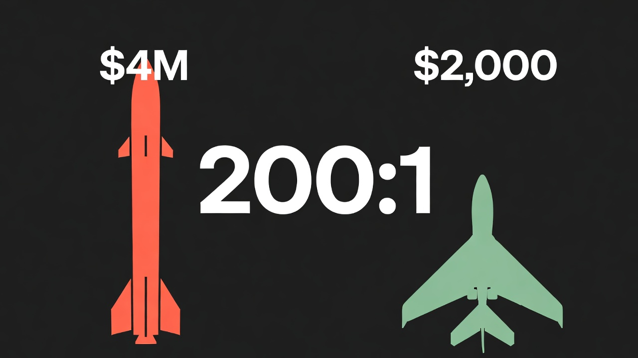 Infographic: $4M Patriot missile in large red vs $2,000 Shahed drone silhouette in minimal green, ratio 200:1