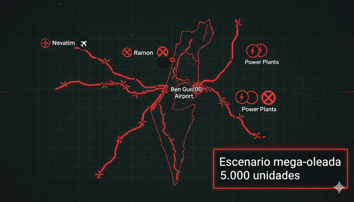 Simplified map of Israel with air bases marked in red, Ben Gurion airport with X, cut roads, mega-wave scenario