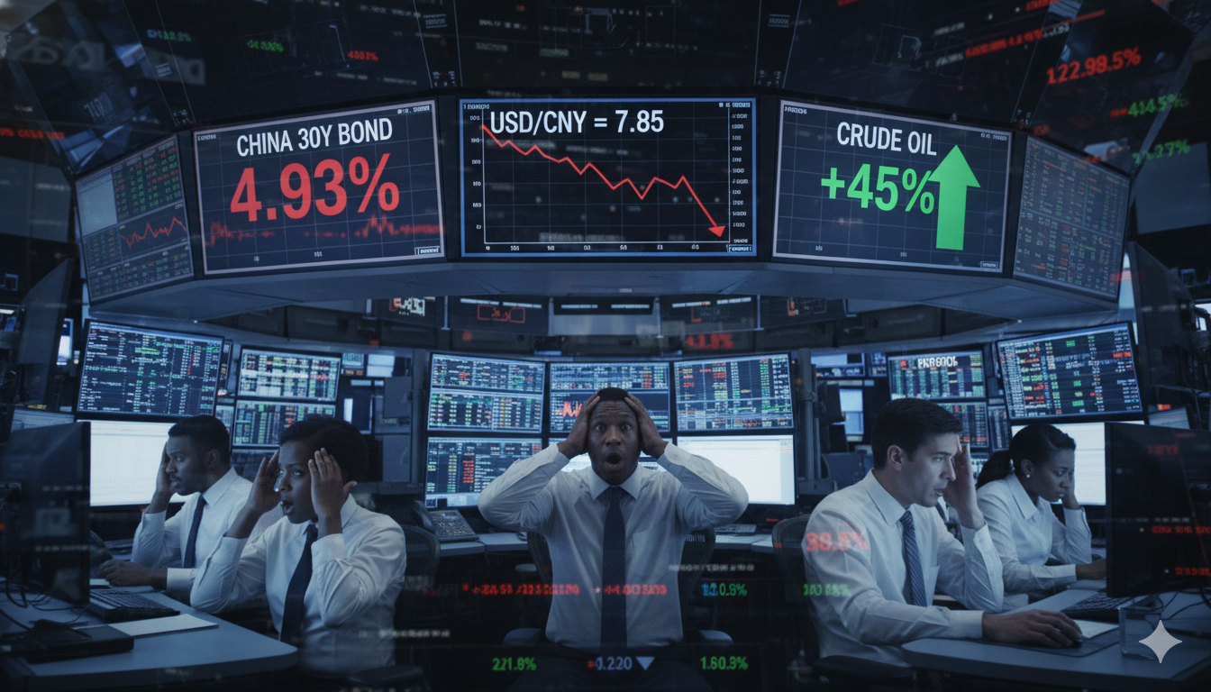 NY trading floor with screens showing 30Y bond at 4.93%, dollar falling against yuan, crude at +45%