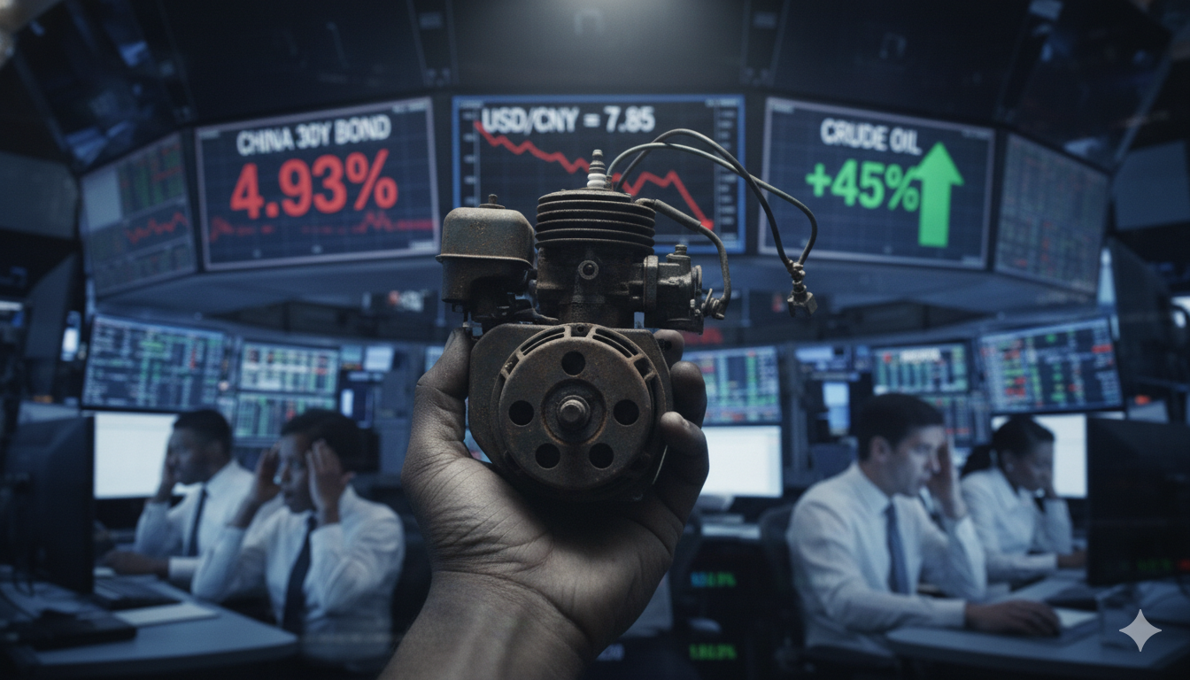 Hand holding small disassembled recycled rusty lawnmower engine with blurred Wall Street background