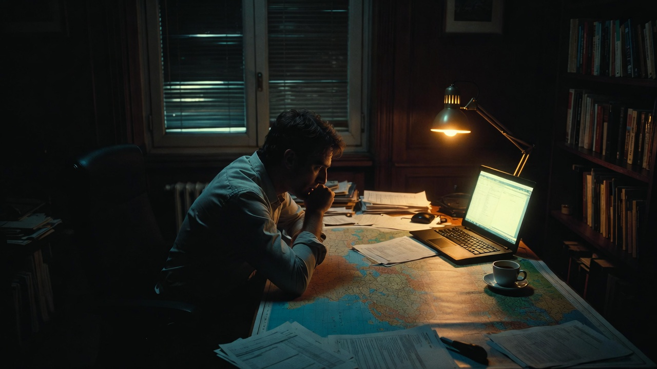 Journalist in a dark Madrid study with Middle East maps