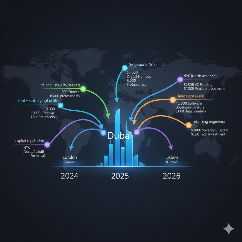Talent and capital flight diagram from Dubai to Singapore, Lisbon and Bangalore