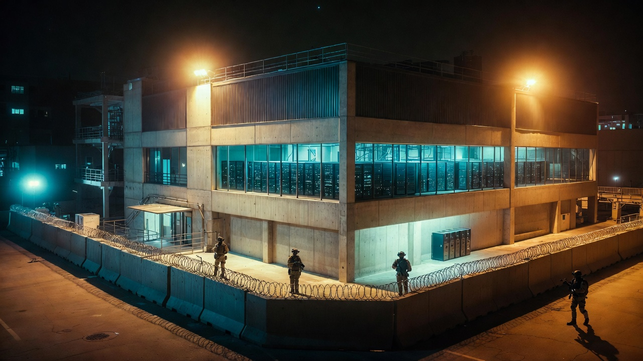 Militarily fortified Data Center with fences, cameras and perimeter security — hardware protected while the employee receives a meditation PDF