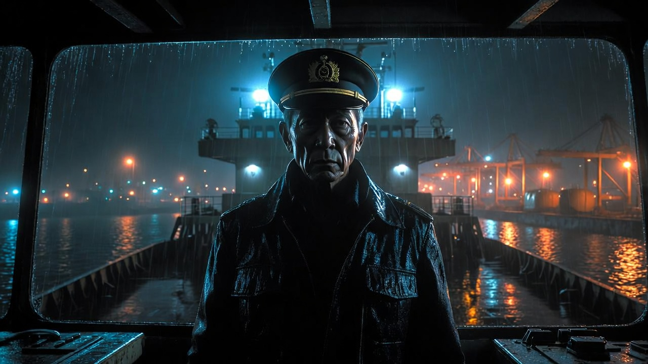 Captain Roger Macaraeg on the bridge of MV Dragon Jade at Shanghai port at night