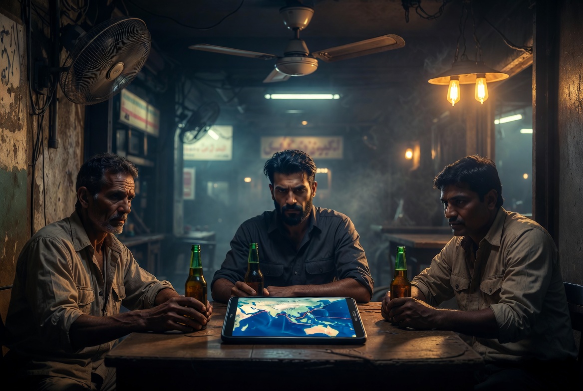 Three sailors — Roger, Kostas and Sanjay — in Bandar Abbas bar with beers, port maps on wall