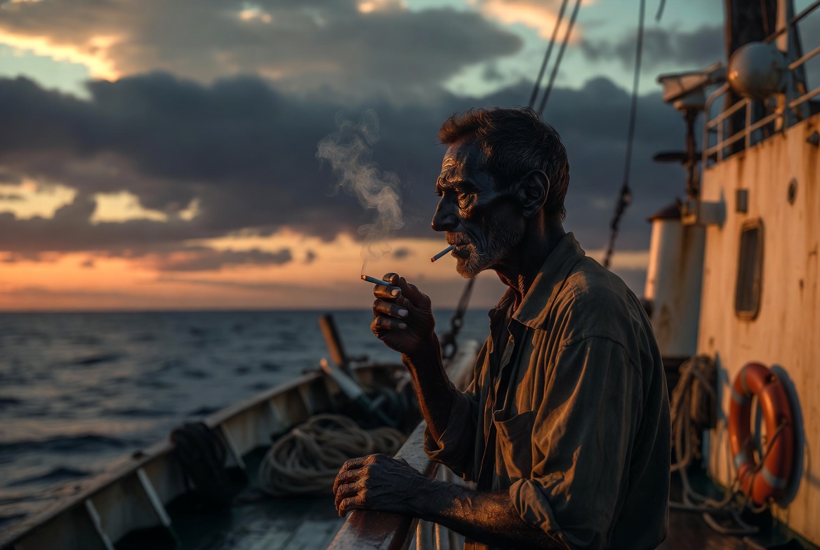 Captain Roger smokes the last cigarette on the deck of MV Dragon Jade, looking toward the Arabian Sea at sunset