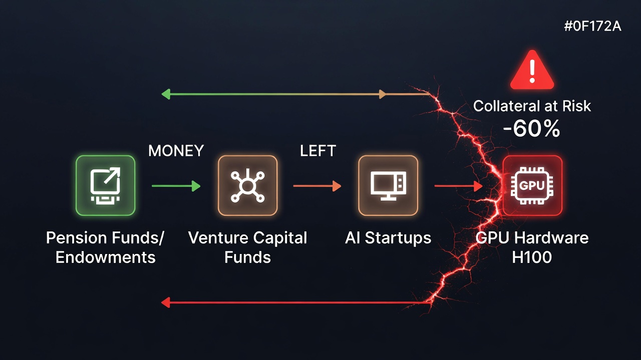 Tech Shadow Banking chain diagram: LPs → VC → AI startups → GPUs as collateral