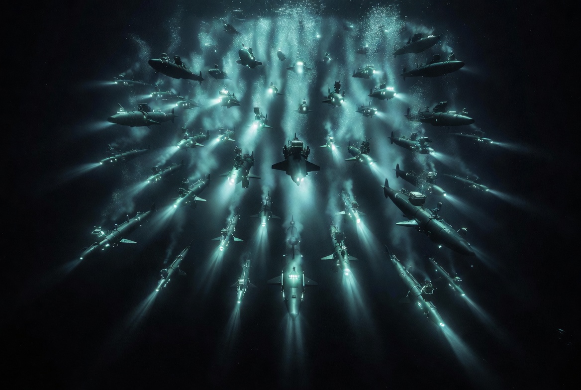 Chinese AJX-002 submarine drone arsenal in swarm formation underwater