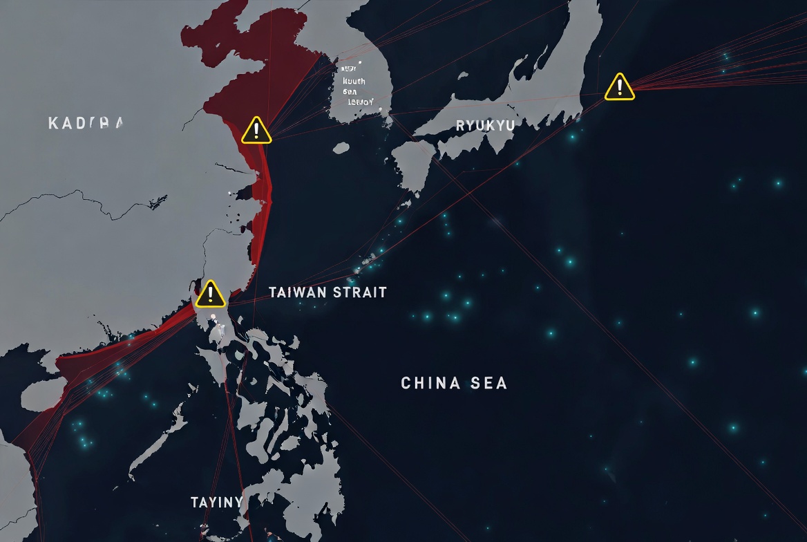 Map: Estimated AJX-002 deployment zones in the South China Sea, Taiwan Strait and Sea of Japan. Vulnerable cable routes marked in red. OSINT analysis 2025-2026.