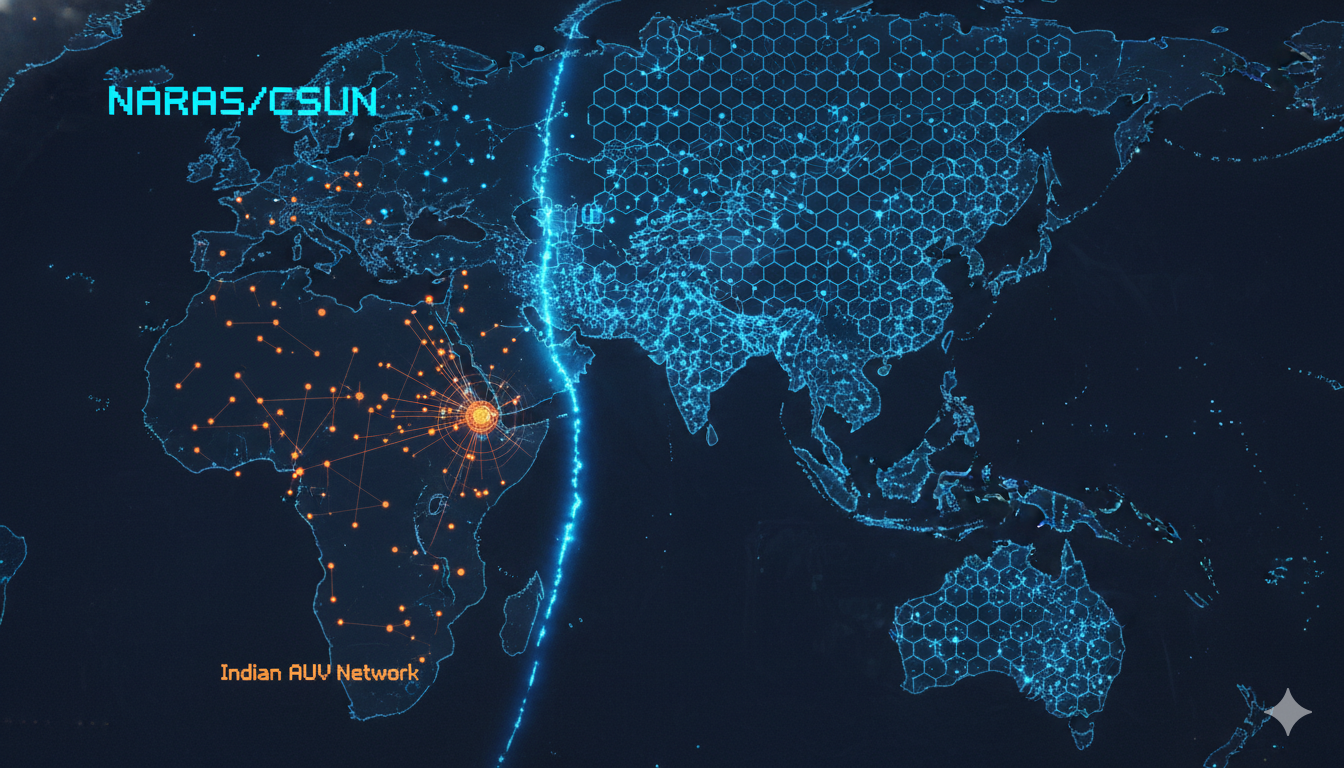 Map: NARAS buoy network and acoustic sensor nodes. Dark blue zones indicate confirmed submarine detection coverage. The Ninety East Ridge and Strait of Malacca are marked as critical listening nodes. OSINT analysis 2025-2026.